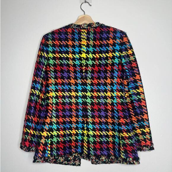 Alice + Olivia Andreas Frayed-Edge Houndstooth Tweed Jacket Size XS Rainbow - Picture 9 of 10